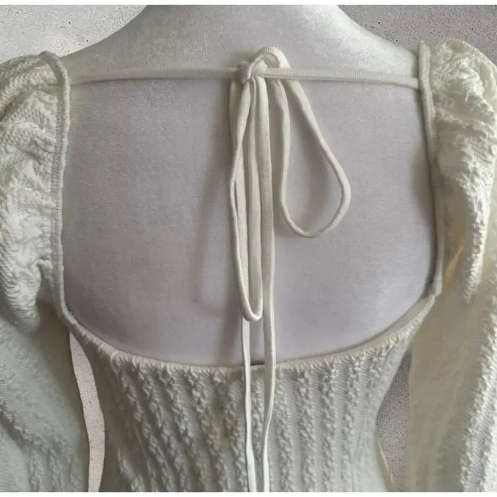 NWT FREE PEOPLE Brittany White Ribbed Puff Sleeve Top Large White Boho